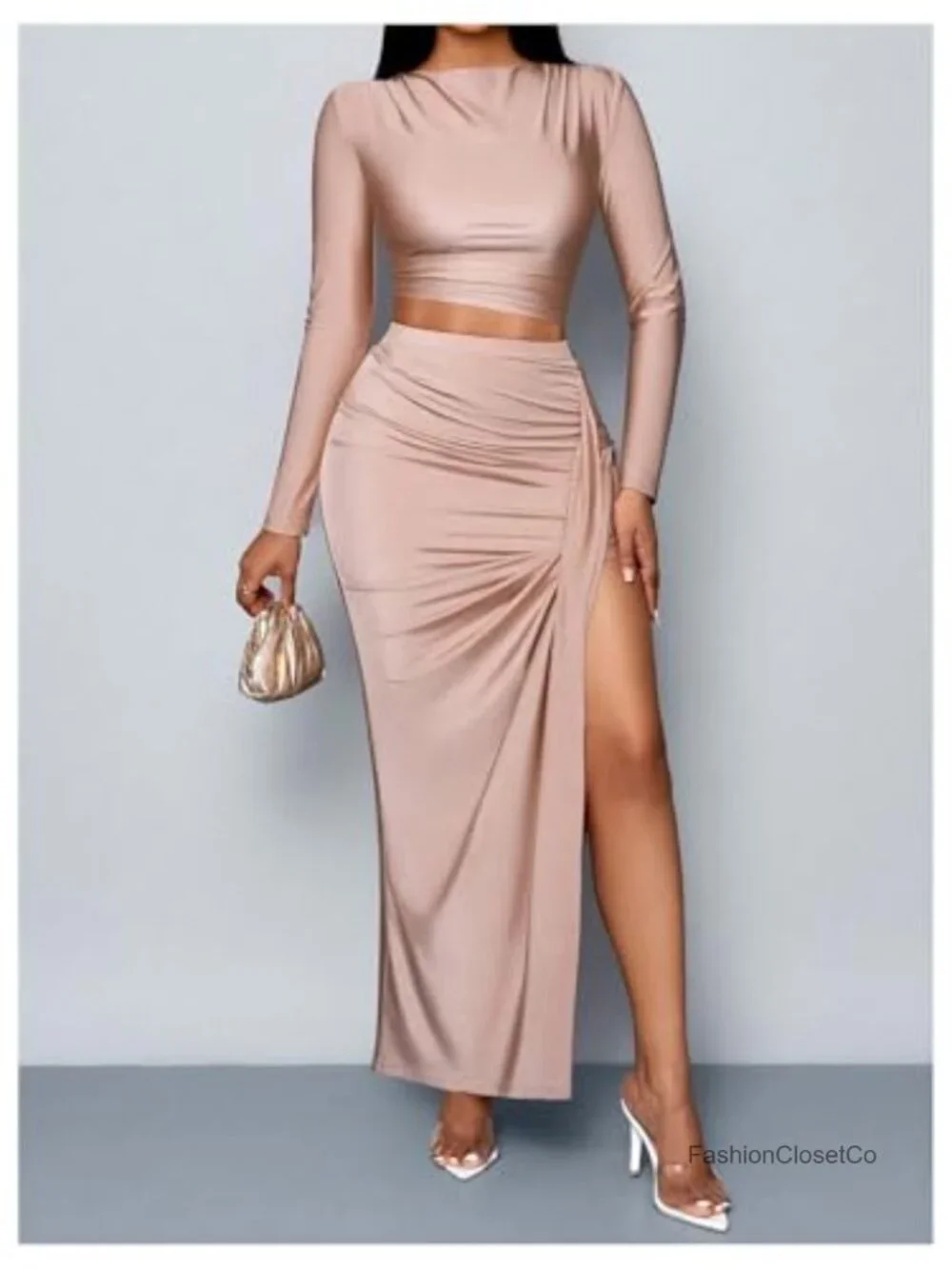 Ruched Long Sleeve Crop Top & High Slit Bodycon Maxi Skirt Set